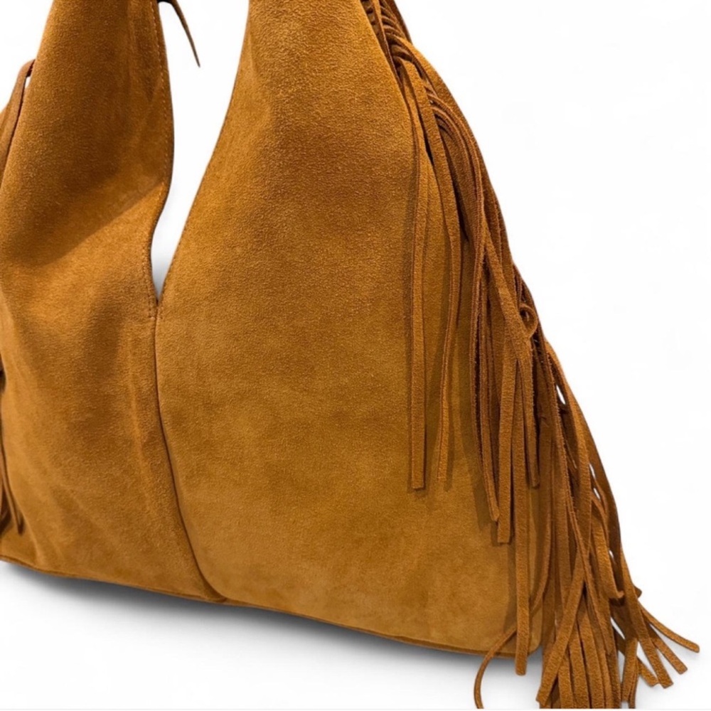 NWT Divina Firenze Suede Leather Fringe Hobo Shoulder Bag Tan Brown - Picture 2 of 8